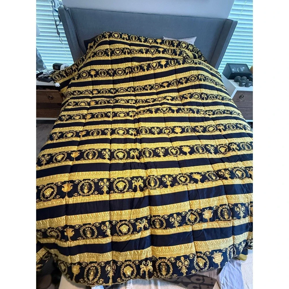 Versace Barocco Reversible Comforter Blue Black Gold Medusa Made in Italy NEW